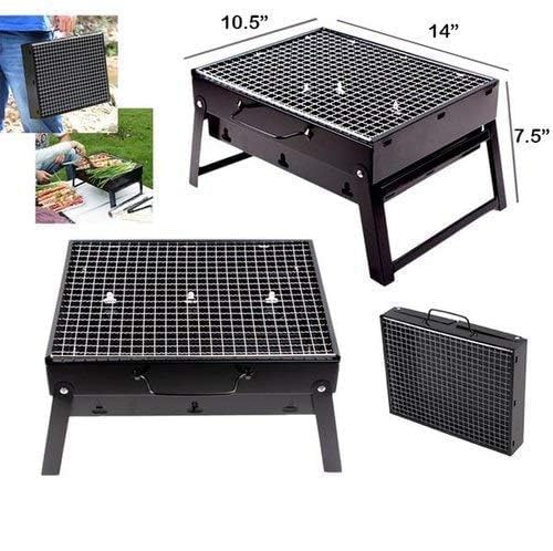 Image of NEW 2026】Portable Barbecue Grill Folding BBQ Grill, 【5 Pc Combo】12 Skewers, 2 Spatula, 1 BBQ Grill, 1 Air Blower, Foldable Charcoal Barbecue Set for Outdoor Camping, Picnic, Travel - Heavy Duty Black