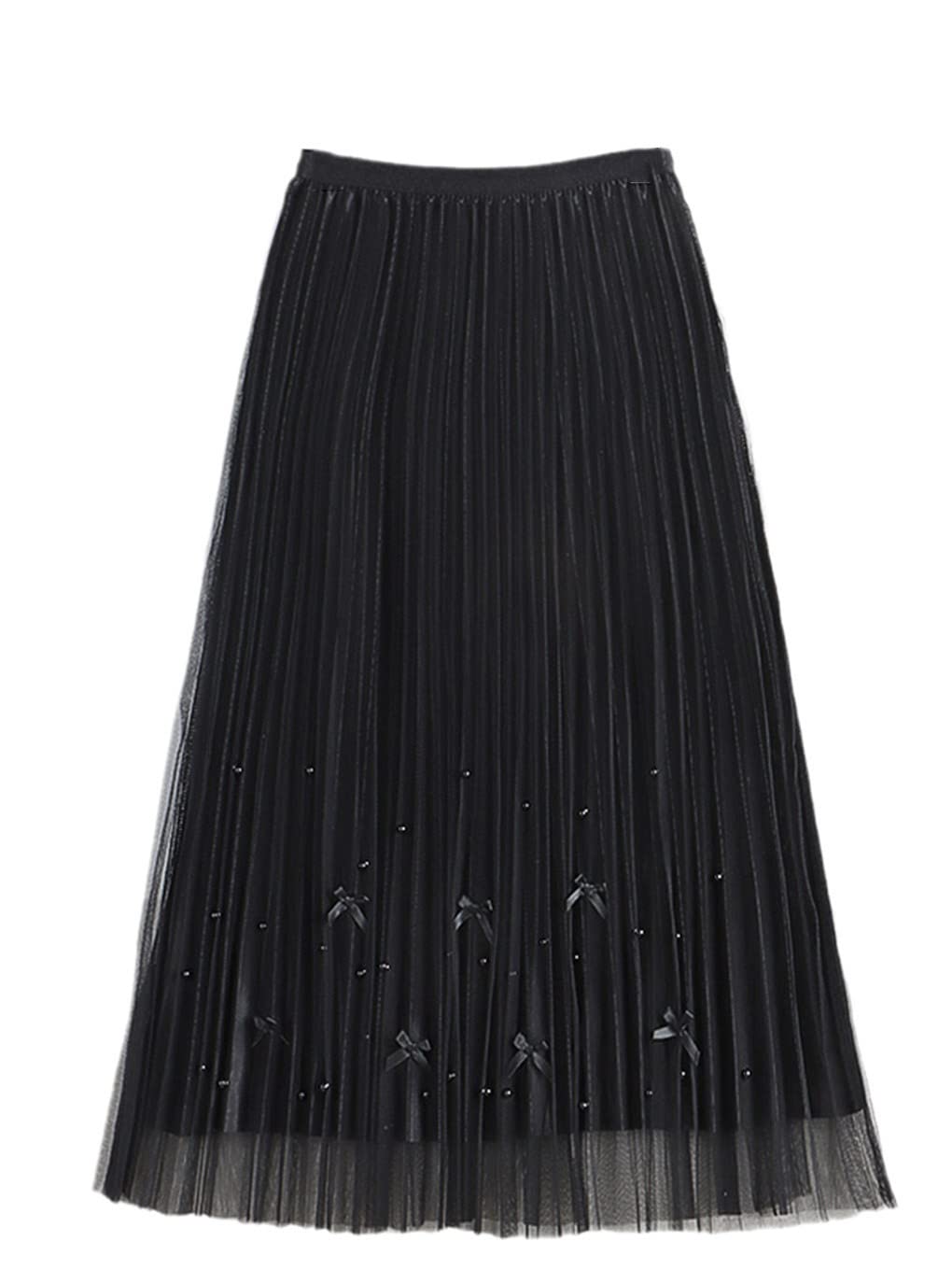 SePkus Falda Plisada de Tul hasta la Rodilla para Mujer Falda de Malla con Cuentas y Nudo de Lazo de Cintura Alta Informal Morada (Negro, Talla única)