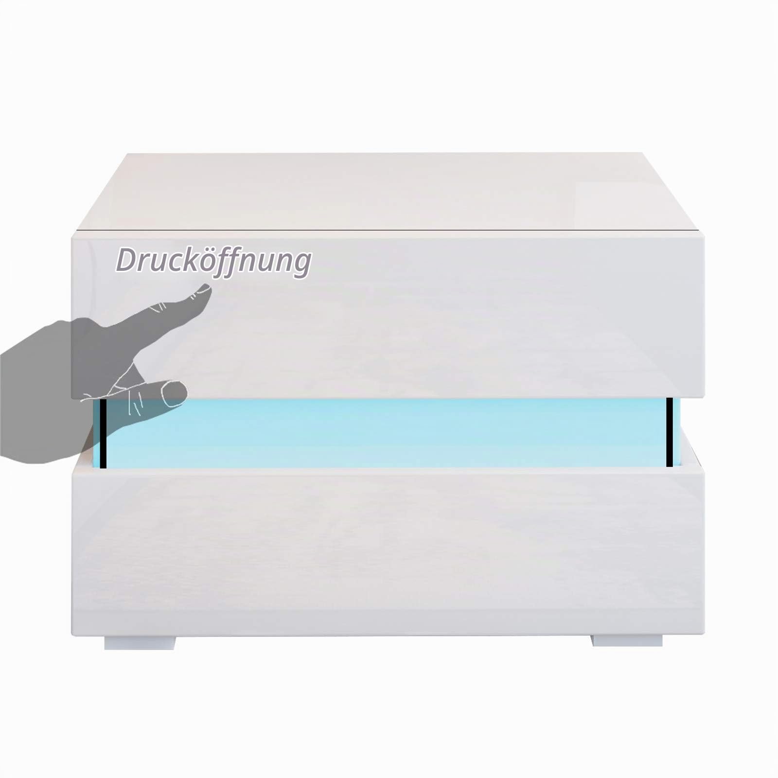 Nachttisch Nachtschrank weiß Hochglanz mit LED-Beleuchtung,Modern Schlichte Nachtschrank Beistelltisch mit 2 Schubladen für Schlafzimmer und Wohnzimmer, 55 x 35 x 45 cm