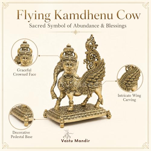 Image of Brass Flying Kamdhenu Cow Idol, Vastu Remedy for Prosperity (9 cm, 125 g)