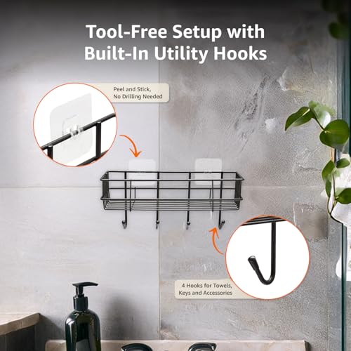 Image of Amazon Basics Self-Adhesive Wall Shelf - No-Drill Multipurpose Bathroom /Kitchen Organizer with Hooks and Towel Holder, Rust Proof GI Steel Organizer | Black, 28.2 x 9.8 x 11.5 cm, Pack of 4