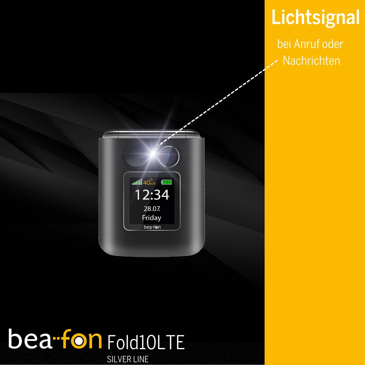Beafon, Fold10 LTE, telefon z klapką, przycisk połączenia alarmowego SOS, kolorowy wyświetlacz wewnętrzny XL 2,2 (5,58 cm), kolorowy wyświetlacz zewnętrzny XL 1,44" (3,65 cm), wyświetlacz fotokontaktu