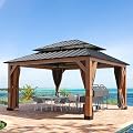 Joyside 15 x13 ft. Faux Wood Gazebo with Curtains and Wood-Grain Aluminum Frame, Patio Gazebo with Thermal Transfer Aluminum Frame and Black Gable Roof, Hardtop Gazebo for Garden