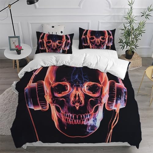 Housse de couette skull rose 200x200 avec 2 taies d'oreiller pour lit double