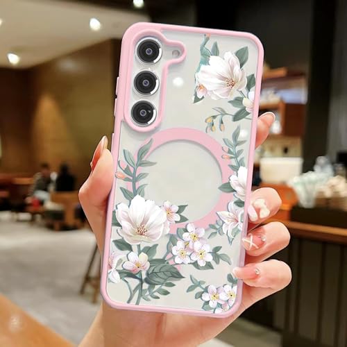 Image of VONZEE Compatible with Samsung Galaxy S25 FE 5G Case Luxury Retro Flowers Floral Clear for Magnetic Wireless Charging Case Shockproof PC+TPU Cute Glossy Shiny Cover for Girls Women, Pink