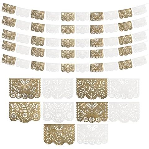 White and Gold Papel Picado Banner (5 Pack - 10 Tissue Paper Flag Designs per Banner/NOT Plastic) - White Mexican Banners for Parties and Weddings - Mexican Themed Party Decorations Cover