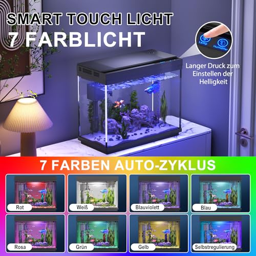 Vehipa Nano Aquarium, 9L Aquarium Klein mit intelligentem Luftbefeuchter, Temperaturanzeige, UHD-Glas, 7-Farben-Beleuchtung, 3 in 1 Leise Pumpe mit Filterung & Sauerstoffzufuhr & Zirkulation