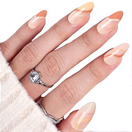 Press On Nails Short Almond Nails -Swirl Frech Tips Medium Fake Nails With Glue Orange Beige Peach Lines False Nails With Design Acrylic Reusable Full Cover Nail Kits Glue On Nails For Women 24Pcs Static Stick On Nails, A Boo #TOP4
