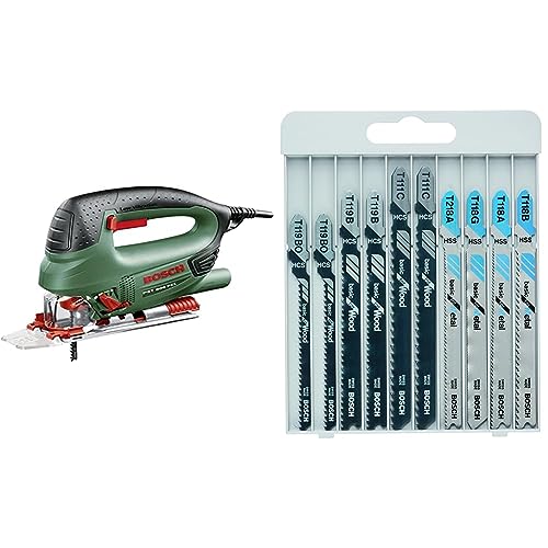 Bosch Home and Garden Pendel-Stichsäge 530W PST 800 PEL im Koffer mit einem Set von 10 Sägeblättern inklusive, 530 W, 230 V, Multi + 10tlg. Stichsägeblatt Set (für Holz und Metall, Zubehör)