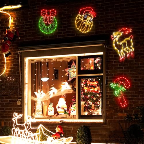 GMFINE Lighted Christmas Decorations for Windows, Pack of 4 Plug-in Christmas Wreath Reindeer Santa Claus and Candy Cane Window Silhouette for Holiday New Year Winter Indoor Hanging Lights Decor by GMFINE - Image 6