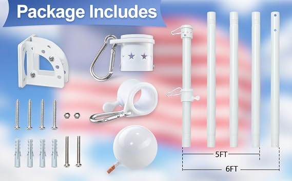 Flag Pole for Outside House with Holder Bracket - 6ft Tangle Free Flag Poles,Heavy Duty Flagpole Hardware Kit High Wind Resistant,Metal Flagpoles Residential for Outdoor,Porch-White