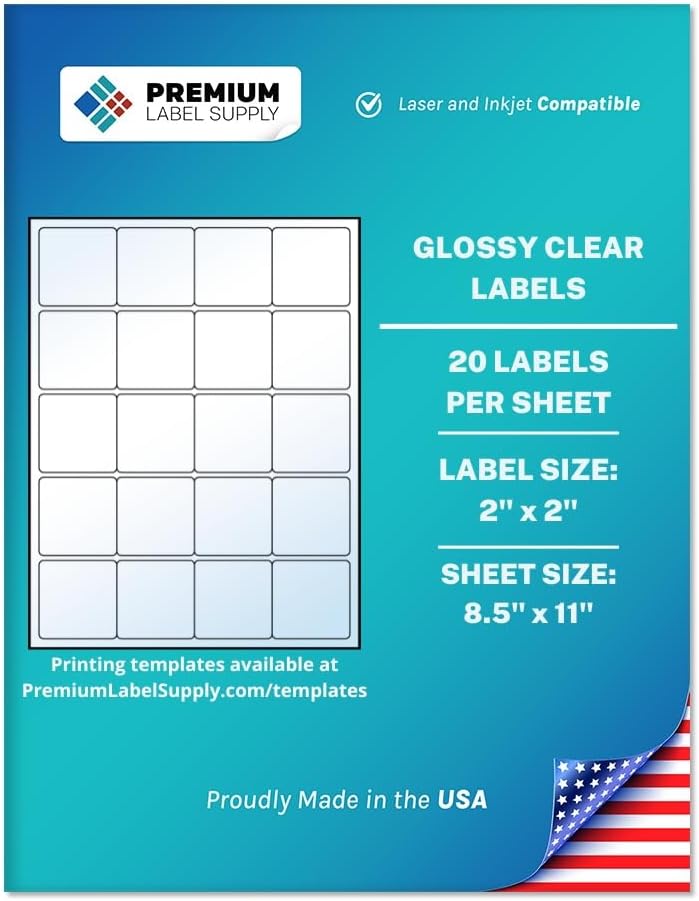 Premium Label Supply Glossy Clear Sticker Square Labels – 2" x 2" – Laser/Inkjet Compatible – (20 per Sheet), 100 Sheets – 2,000 Total Adhesive Labels