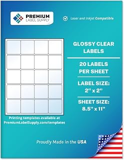 Premium Label Supply Glossy Clear Sticker Square Labels – 2" x 2" – Laser/Inkjet Compatible – (20 per Sheet), 25 Sheets – 500 Total Adhesive Labels