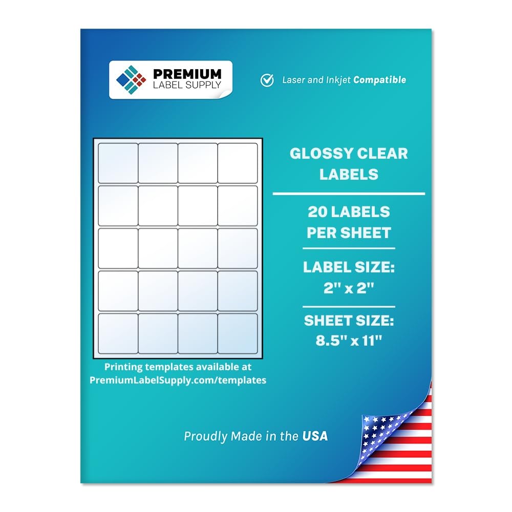 Premium Label Supply Etiquetas cuadradas adhesivas transparentes brillantes, 5 x 5 cm, compatibles con láser/inyección de tinta, (20 etiquetas/hoja), 25 hojas, 500 etiquetas adhesivas en total