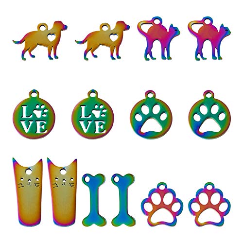 Craftdady 14Pcs Stainless Steel Animal Pet Charm Set Assorted Colorful Filigree Dog Cat Paw Print Bone Hanging Pendants Gradient Rainbow Color For Jewelry Necklace Choker Craft Making #TOP16