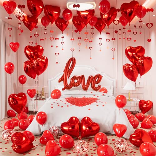 Valentines Day Decorations Set, Red Heart Balloons with Love Balloon, Fake Rose Petals and Red Confetti Balloons, Romantic Decor for Valentines, Proposal, Anniversary, Special Night, Bedroom Surprise