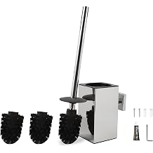 EXLECO Stainless Steel Toilet Brush with 2 Replacement Brushes Wall Mounted Water Collection Container and Container Set Toilet Brush with Lid Toilet Brush Holder Bathroom Accessories Set Chrome