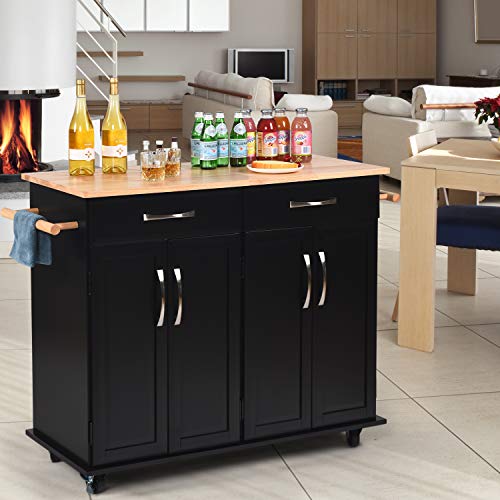 Kitchen Island on Wheels Kitchen Cart Trolley with Storage, Drawers, Cabinet, Towel Rack and Rubber Wood Top Kitchen Cart with Lockable Wheels for Home Hotel Kitchen Dinning Room, Black