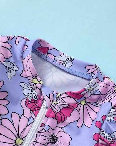 Image of Toddler Girl Swimsuit Baby Girl Bathing Suit Long Sleeve Floral Zipper One-Piece Rash Guard Swimsuit with Hat