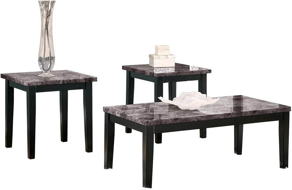 Signature Design by Ashley Maysville Faux Marble Top 3-Piece Table Set, Includes Coffee Table & 2 End Tables, Black