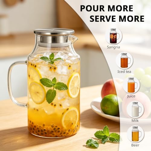 Image of Bivvclaz Short 67.6 oz Glass Pitcher with Lid and Handle, Glass Carafe for Hot /Cold Water, Iced Tea Pitcher for Coffee, Juice and Homemade Beverage