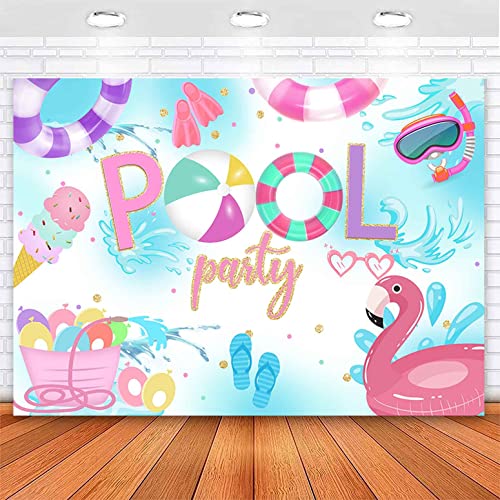 Sensfun Summer Pool Party Backdrop Swimming Beach Ball Girls Birthday Decorations Vinyl Banner Splish Splash Pool Flamingo Lifebuoy Ice Cream Summer Holiday Background Photo Booth Props 7x5ft