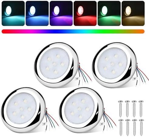 RVZONE 3inch RGBW Boat Courtesy Lights IP68 Waterproof Marine LED Lights Stainless Steel Boat Transom Boat Interior T Top Cabin Deck Lighting for Pontoon Night Fishing (4Pack)