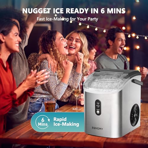 Image of EUHOMY Nugget Ice Maker Countertop with Handle, Ready in 6 Mins, 34lbs Per Day, Removable Top Cover, Auto-Cleaning, Portable Sonic Ice Maker with Basket and Scoop, for Home /Party /RV /Camping (Silver)