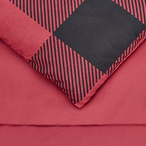 Image of Amazon Basics Full /Queen Comforter Set with Sheets, 5-Piece Red Buffalo Plaid Bedding, Lightweight Microfiber Bed-in-a-Bag