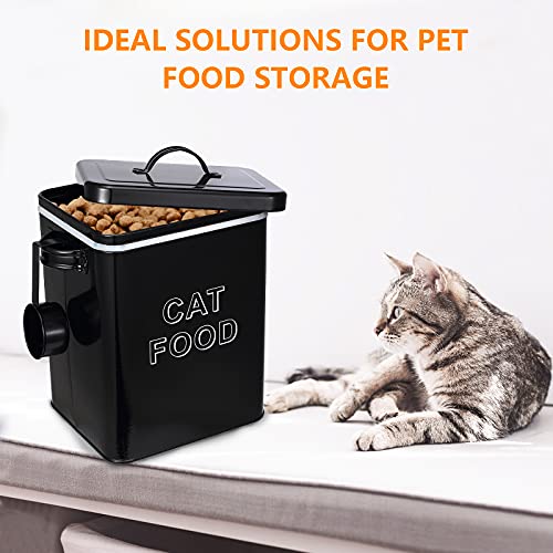 Pethiy Cat Food And Treats Containers Set With Scoop For Cats Or Dogs -Tight Fitting Wood Lids - Coated Carbon Steel - Storage Canister Tins-Cat-Black #TOP3