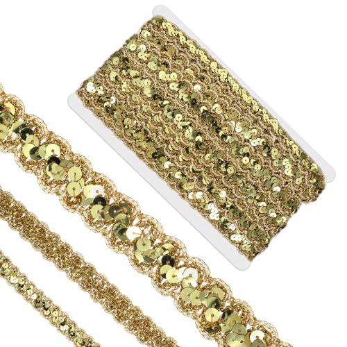 Tyqour Gold Trim for Sewing Gold Sequin Ribbon 14.22 Yards Sequin Fabric by The Yard 0.87in Width Perfect for Crafts and DIY Projects