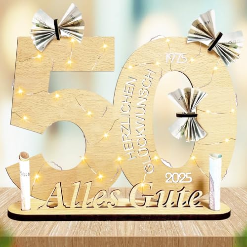 Regalos para 50 cumpleaños, 50 cumpleaños, 50 años de edad, adornos de madera LED, regalos de dinero, 50 mejores decoraciones de mesa con cadena de luces LED, ideas de regalo geniales para mujeres y