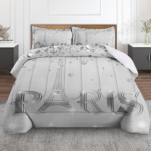 Culudea Paris Vintage France Comforter Set Twin Size, Grey Diamond Eiffel Tower Soft Bedding Set with Pillowcases for Girls Teens Kids Boys Adults Bedroom Bed Decor,1 Quilt 1 Pillow Case Cover