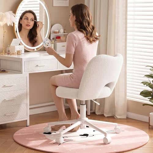 Image of DurayLoly Vanity Chair with Open Back & Wheels,Armless | Fluffy Teddy Fabric ,Armless, Height Adjustable, for Makeup Room, Bedroom,Cream