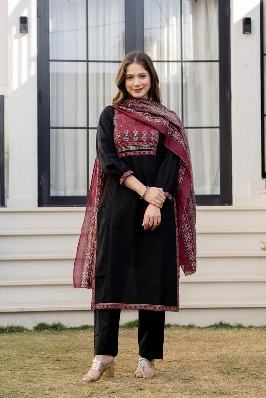 Image of Amayra Women's Cotton Straight Kurta Set with Palazzo Pants & Dupatta- Ethnic Wear