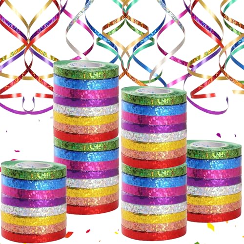 Waziwe 480 metres de Ruban Cadeau emballage, 48 bolducs Pailletes en 8 Couleurs, Parfait pour Ruban Mariage, ficelle ballon et Diverses Occasions Festives