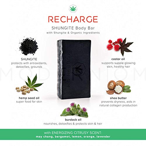 3 Pack, Modern ŌM Shungite Recharge Soap Bar with Hemp Seed Oil All Skin Types, Organic Cleanser for Face, Hands, Body