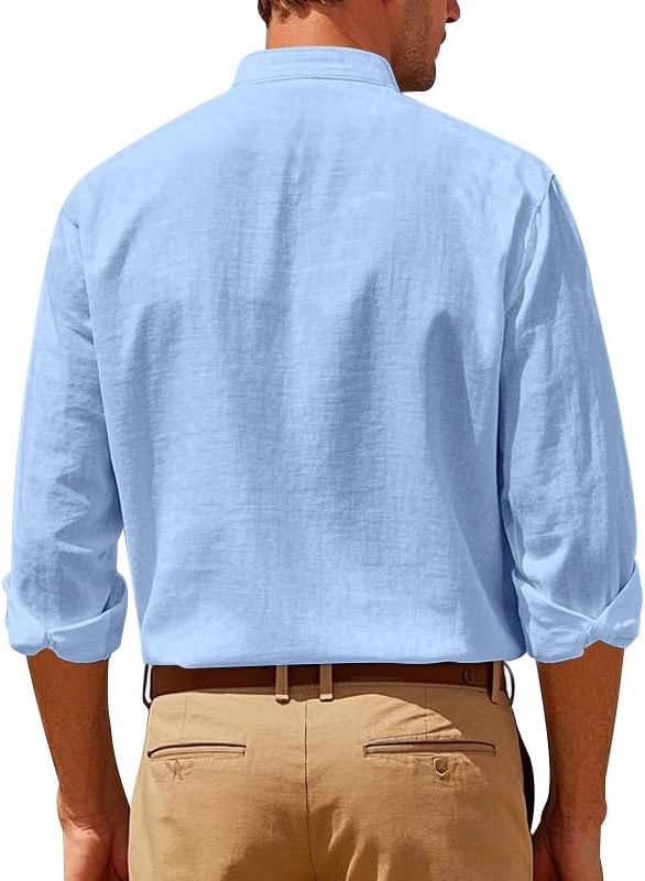 Men's Linen Blend Shirt - Long Sleeve Solid Color Button Down Henley Casual Shirt for Vacation Business - Image 3