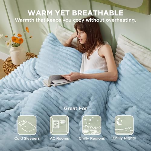 Image of Bedsure Queen Fluffy Comforter Set - GentleSoft 3 Pieces Luxury Fleece Bed Light Blue Bedding, Cozy Room Decor Aesthetic, 1 Queen Bed Comforter (90 inchx90 inch) and 2 Pillowcases (20 inchx26 inch)
