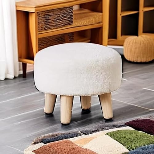 Cpintltr Round Footstool Ottoman Rabbit Wool Mushroom Stool Solid Wood Stool Small Upholstered Ottoman Shoe Changing Foot Stool Step Stool Sofa Footrest Stool for Living Room Bedroom (White)