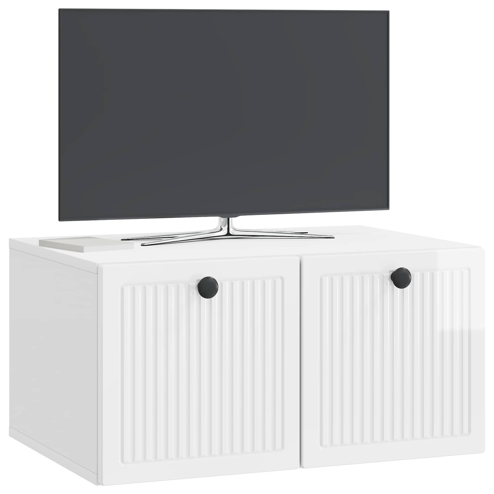 Mueble para TV montado en la pared, color blanco brillante, 59,5 x 41 x 30 cm, mueble bajo flotante de madera, moderno mueble de TV colgante para sala de estar con 2 puertas y espacio de