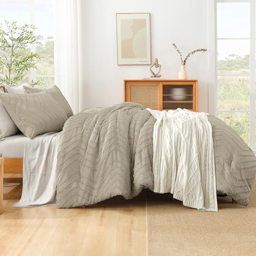 Image of Litanika Boho Queen Comforter Set, 3 Pcs Oatmeal Lightweight Bedding Set
