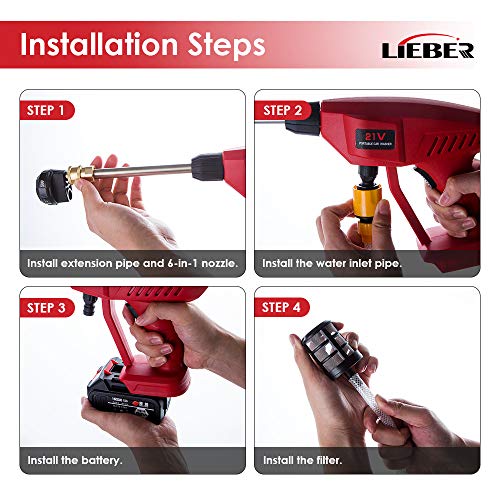 Battery Powered Pressure Washer, Lieber 21V Cordless Portable Power Cleaner 3Ah 410 PSI/ 2800KPA Power Washer Electric Pressure Washer for Car, RVs Boats or Home Projects - 6 in 1 Nozzle (Red)