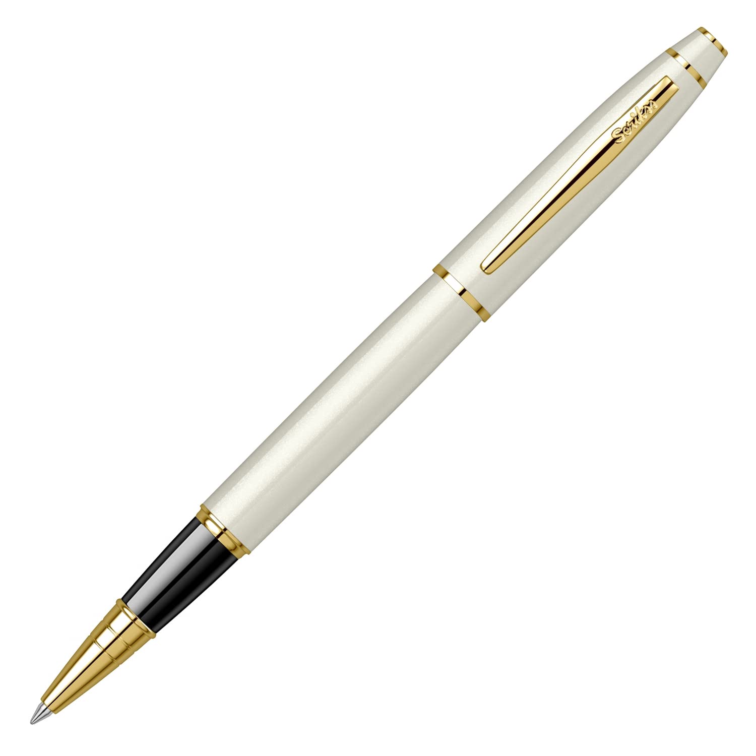 Scrikss Noble 35 Penna a sfera a sfera bianca perla, finiture dorate, penna a rullo per scrittura ufficio, regali aziendali professionisti studenti