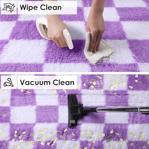 Image of KICMOR Purple Rugs for Bedroom Living Room, Fluffy Soft Checkered 4x6 Area Rug Fuzzy Shag Shaggy Carpet, Indoor Plush Bedside Floor Rugs for Kids Girls Boys Teen Dorm Nursery Home Decor Aesthetic