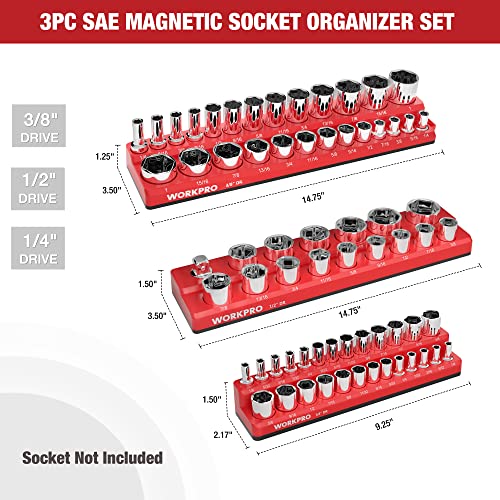 Image of WORKPRO Magnetic Socket Organizer Set, 3-Piece Sockets Holder Set Includes 1 /4 inch, 3 /8 inch and 1 /2 inch Drive SAE Socket Trays, Holds 68 Pieces Standard Size and Deep Size Sockets(Socket not Included)