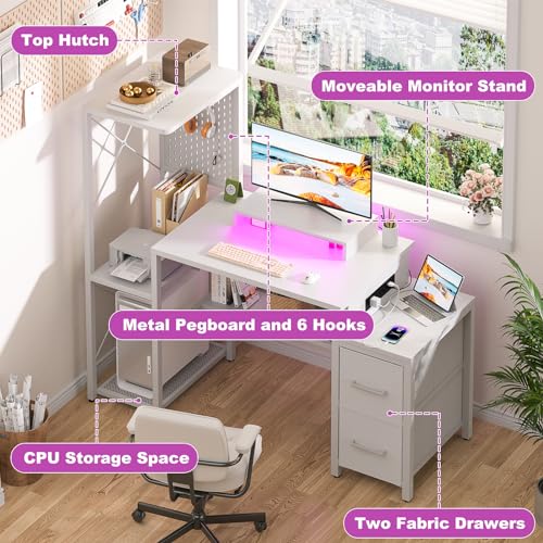 Small-Gaming-Desk-with-2-Fabric-Drawers-Reversible-Computer-Desk-with-Power-Outlet-LED-Lights-49-Office-Desk-with-Monitor-Stand-Storage-Shelves-Writing-Study-Table-with-Pegboard-White