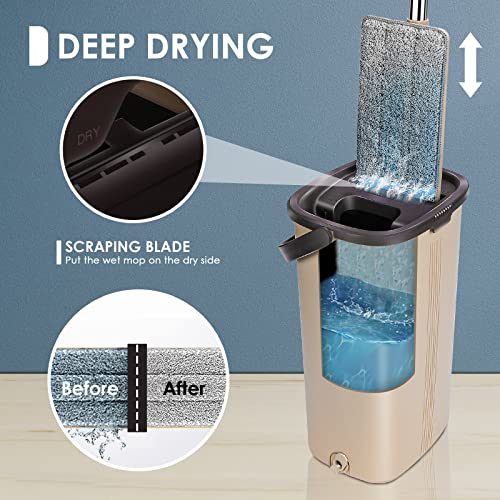 Ozd Flat Mop And Bucket With Wringer Set, Hands Free Flat Mops And Bucket System, Self Cleaning Microfiber Mop For Wet And Dry Use, Suitable For All Type Floor Cleaning, Included 6 Washable Pads #TOP2