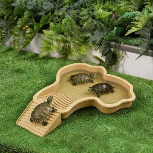 Bassin de Bain pour Reptiles, Bol d'eau et de Nourriture pour Tortue Amovible avec Rampe antidérapante et Texture Galets, Plat de Bain en Plastique pour Tortue