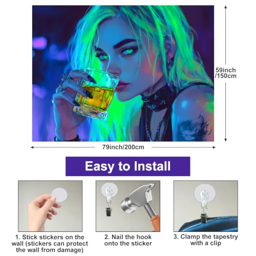 Image of BlissYard Blacklight Tapestry 78x59 Inch Neon Drinking Girl Fluorescent Tapestry Blacklight Sexy Lady Glow In The Dark Art Wall Hanging Poster Room Bedroom Party Backdrop Decor